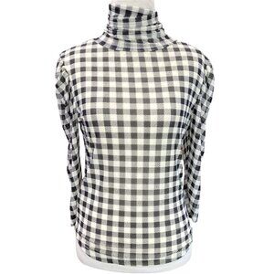Free People Gather Top Womens S Black White Gingham Checkered Mesh Turtleneck